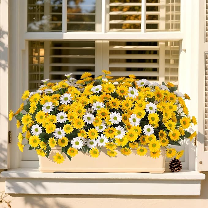 Fake Mums Fall Artificial Flowers for Outdoor Decoration, 6 Bundles Faux Silk Daisy Flowers Realistic UV Resistant No Fade Fall Fake Plants for Home Patio Porch Garden Window Box Decor(Yellow White)