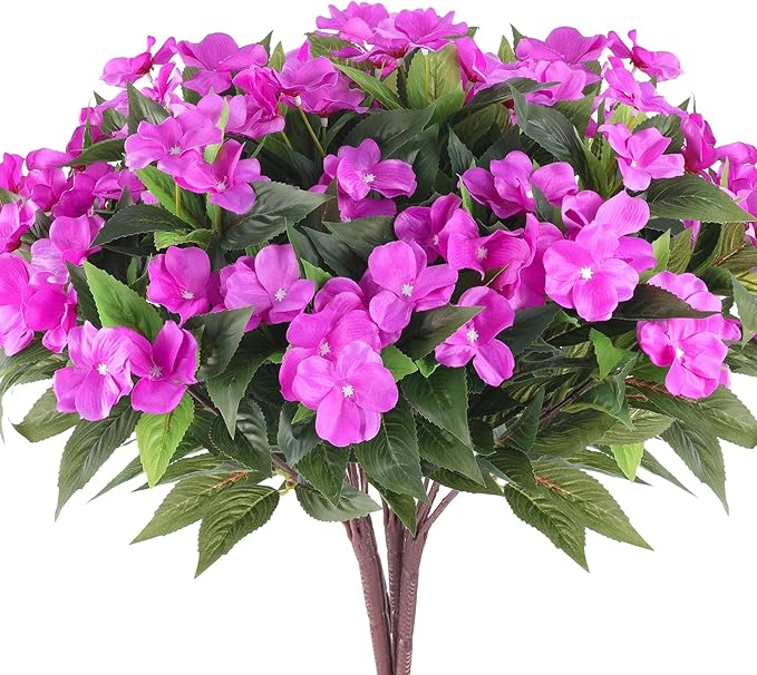 Artificial Flowers for Outdoors Silk Impatiens Flowers Faux Flowers Impatien Bushes Artificial Impatiens for Pot Patio Lawn Garden Hanging Basket Porch Decor (8, Purple)