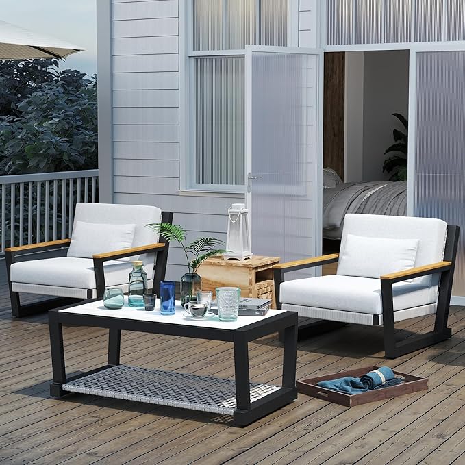 Aluminum Outdoor Patio Furniture Set 5 Seat, Patio Conversation Set with Durable Mesh Rope Weaving, Wide Armrests and Seats, Metal Sofa Set for Patio Grey