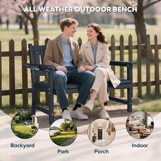 2-Person HIPS Outdoor Bench, Weatherproof Garden Bench with 800 lbs Weight Capacity, Artificial Wood Grains, Never Rot or Fade, Patio Benches for Garden, Porch, Balcony, Backyard,Park, Black