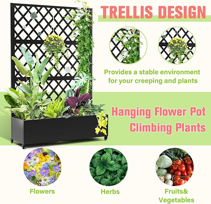 Metal Planter Box with Trellis, Raised Garder Bed with Drainage Hole, Privacy Screen & Trellis for Climbing Plants, Outdoor Plant Stands, 47''L×17''W×73''H, Black