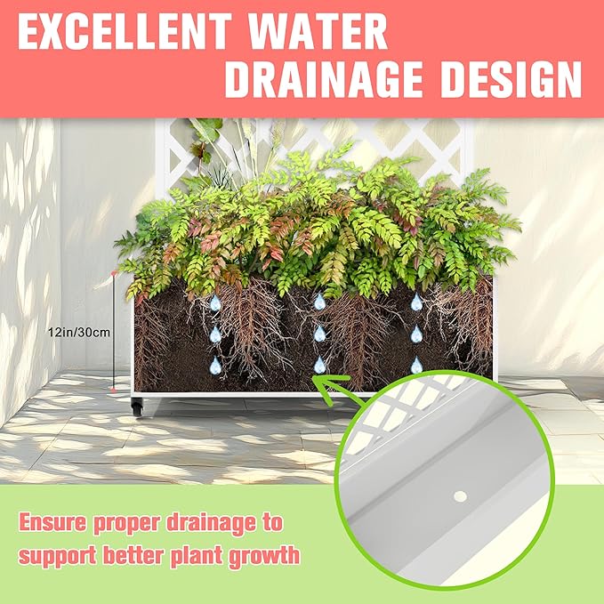 Metal Planter Box with Trellis, Raised Garder Bed with Drainage Hole, Privacy Screen & Trellis for Climbing Plants, Outdoor Plant Stands, 35''L×17''W×73''H, White