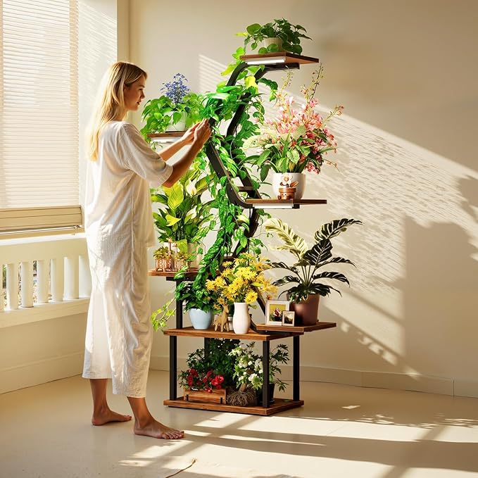 Black Plant Shelves with Grow Lights: 7-Tier 65" Tall Stand for Indoor Corners, Living Room Display or Bedroom Gardening Rack