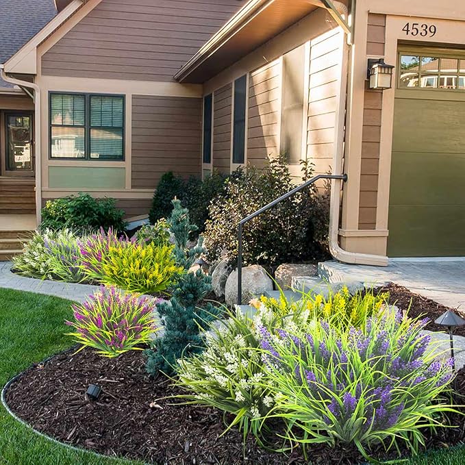 20 Bundles Artificial Plants Outdoor Fake Monkey Grass with Flowers (Purple)