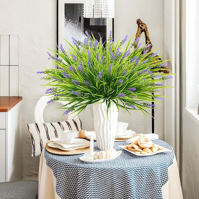 36 Bundles Artificial Plants Outdoor, 18.2" UV Resistant Faux Monkey Grass Greenery Stems No Fade Faux Plastic Flowers Shrubs for Home Weddings Garden Porch Front Patio Office Decor - Purple