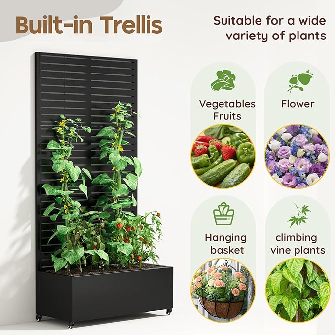 Metal Raised Garden Bed with Trellis & Wheels,70" x 35"x 15.7" Planter Box with Trellis,Privacy Planters for Patio,Garden Bed for Climbing Plants,Suitable for Climbing Plants and Vegetables,Black