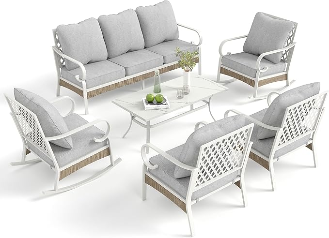 6 Piece Patio Furniture Set, 2 x Fixed Chair, 2 x Rocking Chair, 1 x 3-Seat Sofa with Marbling Coffee Table, 7 Seats Outdoor Conversation Set for Lawn Garden Backyard, Light Gray