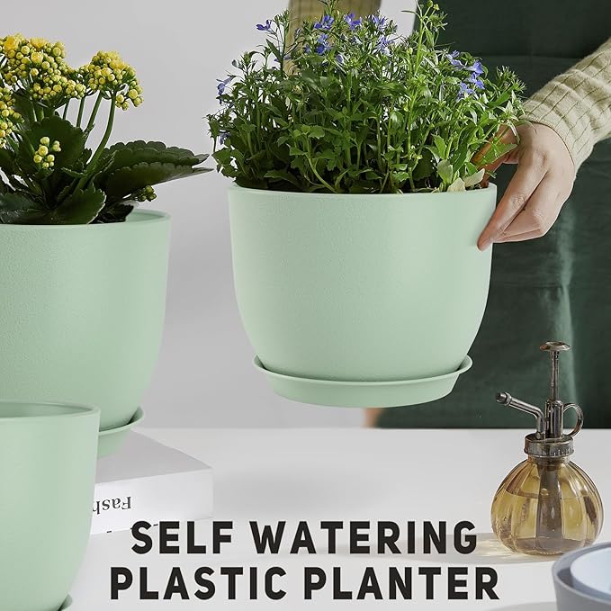 Plant Pots 10/9/8/7.5/7 inch Flower Pots with Multi Mesh Drainage Holes, Planters for Indoor Outdoor Garden Plants and Flowers. (Green)