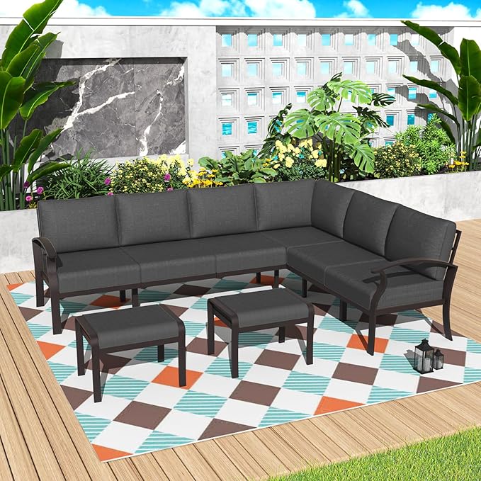 Kurapika Patio Furniture Set 8-Piece Aluminum Sectional Sofa with Armrest, Modern Outdoor Conversation Set, Metal Corner Sofa with Ottoman, Black