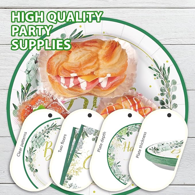 96Pcs Bridal Shower Party Supplies Sage Green Bride to Be Plates and Napkins Eucalyptus Leaves Tableware Sets Wedding Party Decorations for Engagement Bachelorette Miss to Mrs Party,Serves 24