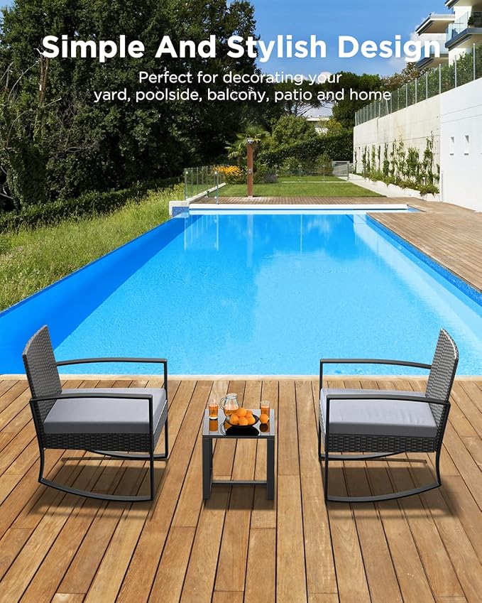 3 Pieces Outdoor Patio Furniture Set Rocking Bistro Set Outdoor Rattan Conversation with Coffee Table for Garden Balcony Backyard Poolside (Grey Cushion)