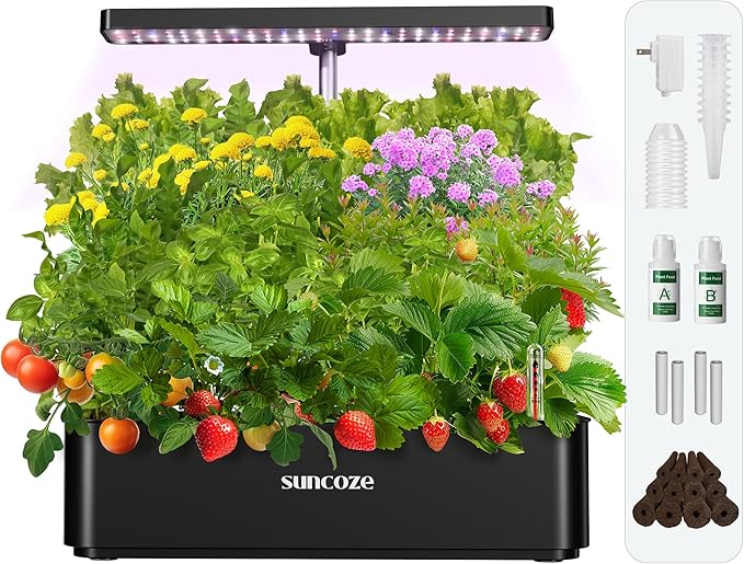 SUNCOZE Hydroponics Growing System Kit 12 Pods, 24W LED Grow Light Indoor Garden, 4L Water Tank with Quiet Pump, Adjustable Height Herb Garden Planter Indoor Kit, Gardening Gifts, Black