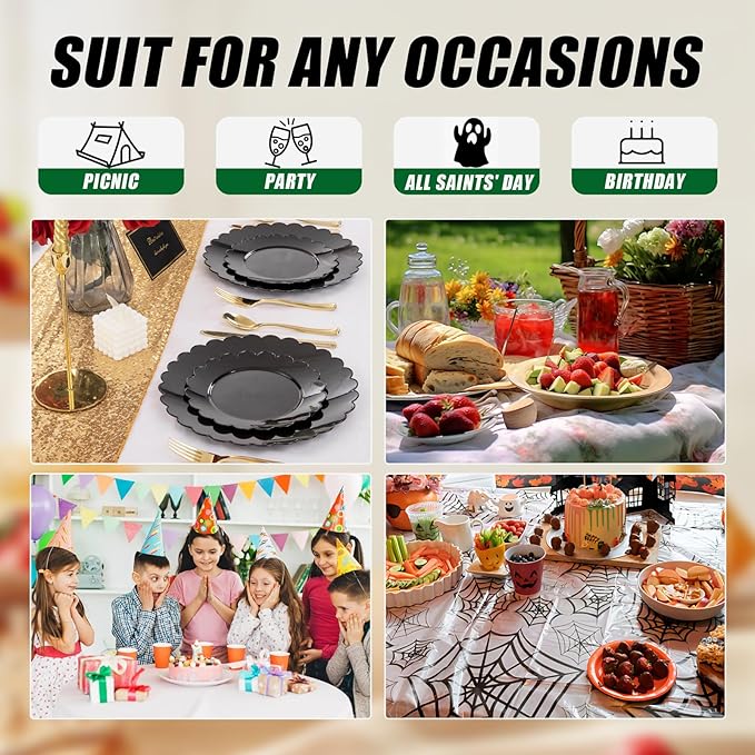 SUT 72 PSC Black Plastic Plates, Plates Disposable Heavy Duty, Black Disposable Dinner Plates, Plastic Plates for Party, 10.25inch Plastic Dinner Plates for Party,New Year,Halloween