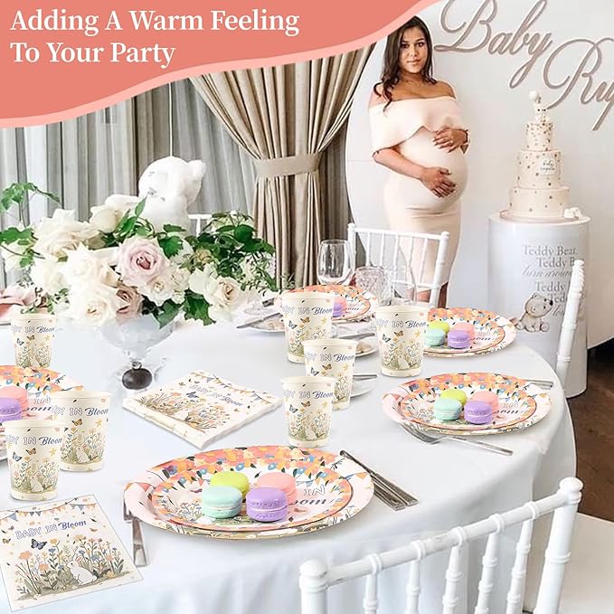 250 PCS Baby in Bloom Baby Shower Decorations Plate Set, Wildflower Paper Plates Napkins and Cups for Birthday Garden Gender Revealing Party Serve 50 Guest