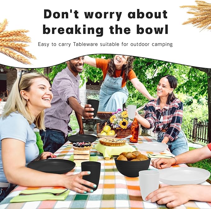 Kitchen Wheat Straw Dinnerware Sets (33pcs) Attached cleaning brush,Service For 8,Plastic Plates and Bowls Sets,Unbreakable Dinnerware,Lightweight Plastic Plate Set (Black white)