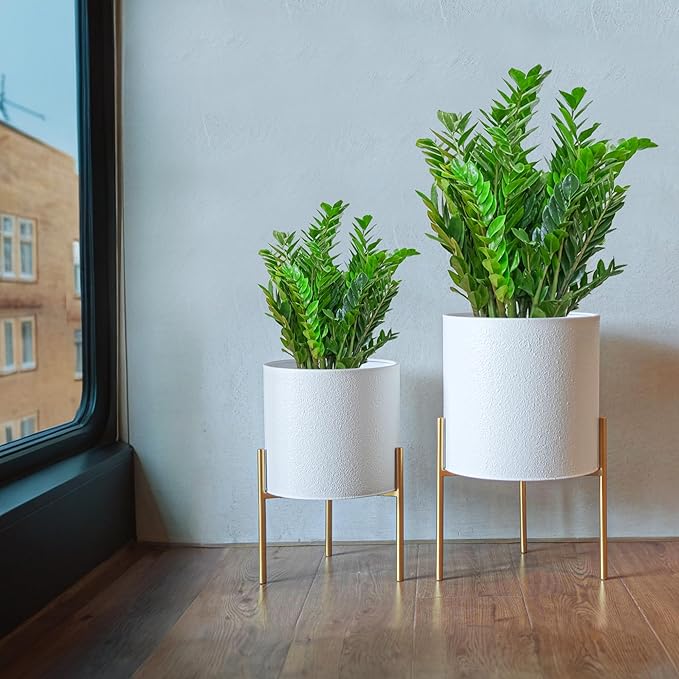 ARNIS Modern Planter Pots, Large Planters with Stand, Set of 2 Metal Planters for Indoor Plants with Drainage Holes for Living Room, Office, Garden or Balcony (White, 10.5 &12.25 Inch)