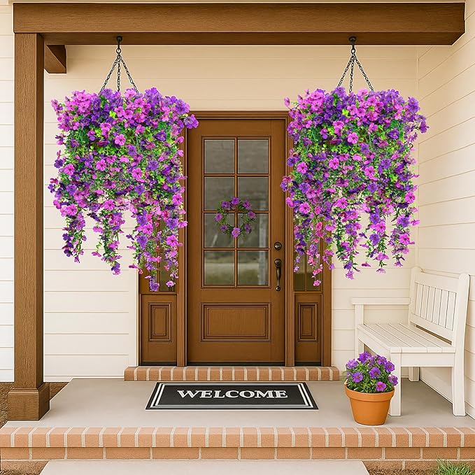 8PCS Artificial Hanging Flowers for Outdoors,Hanging Outdoor Faux Plants,UV Resistant Fake Flowers for Outdoor Planters,Realistic Fake Plants Spring Decor for Porch,Patio,Yard (DoublePurple)