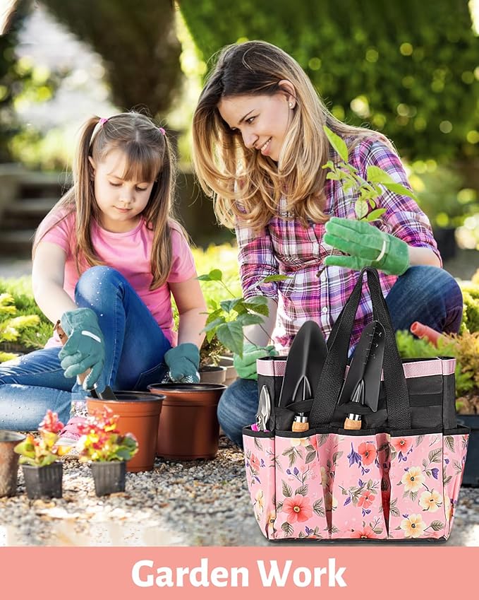 Pink Gardening Tools, Garden Tool Set for Women,5 Piece Womens Gardening Kit with Floral Garden Bag,Gifts for Wife (5-Piece Pink)