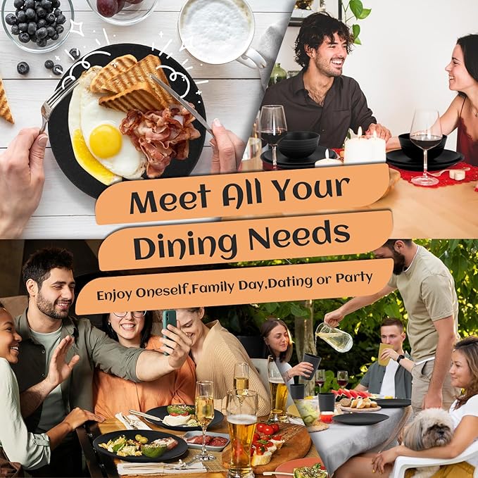 Homienly Wheat Straw Dinnerware Set,40-Piece Dish Set for 8, Dinner Plates, Dessert Plate, Cereal Bowls, Cups, Appetizer Plates,Reusable Dinner Plates Kids Plates and Bowls Sets,Black