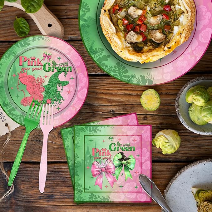 96PCS Pink and Green Party Plates and Napkins Pink Goes Good with Green Birthday Tableware Set Vintgage Castle Witch Party Table Decorations Favors Serves 24 Guests