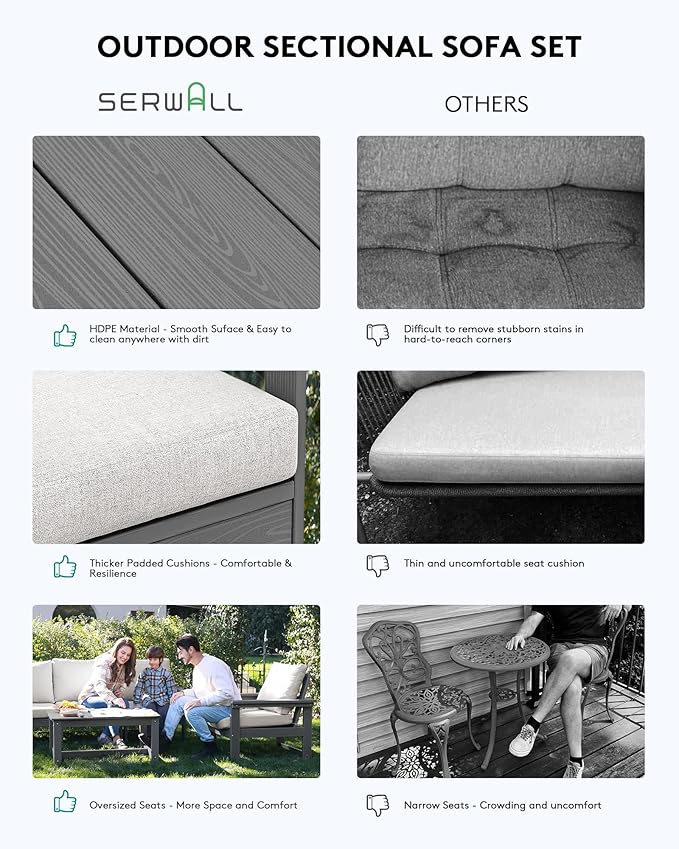 SERWALL HDPE Patio Furniture Set with 15FT Double Side Patio Umbrella, 7-Piece Outdoor Modular Sectional Sofa Set, All Weather Patio Couch Set for Deck, Lawn, Gray & Beige(Umbreall Base not Included)