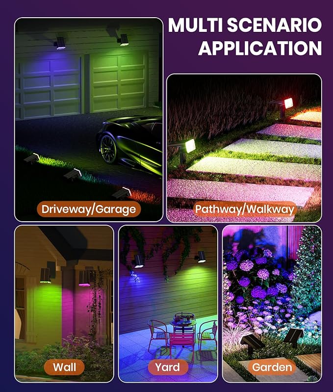 1-Pack Solar Color Changing Lights Outdoor Waterproof,6 Dynamic Hues&2 Modes IP67 Weatherproof,105° Adjustable Solar Spotlights for Pathway/Garden/Patio/Backyard Decor,Dusk to Dawn Auto On/Off