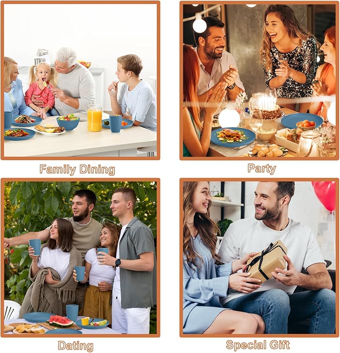 Premium Wheat Straw Dinnerware Sets for 4, Reusable Plastic Dinner Plates, Unbreakable Plates and Bowls Sets 20-Piece, Dishwasher & Microwave Safe - Blue