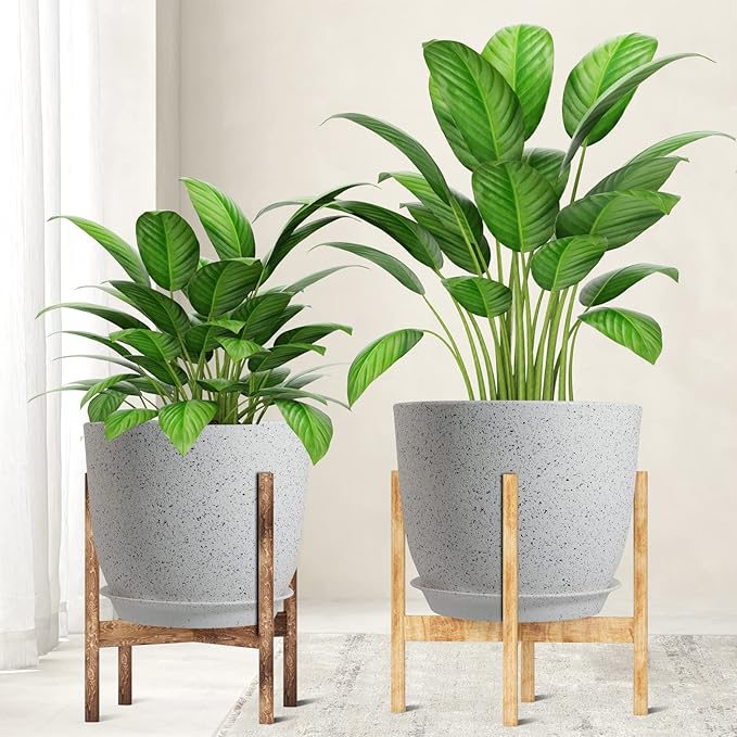 Modern Plant Pots Set, 9/8/7.5 inch Plastic Planters for Indoor Plants, Stylish Flower Pots with Drainage Holes and Saucers for House Plants and Flowers, White Speckles