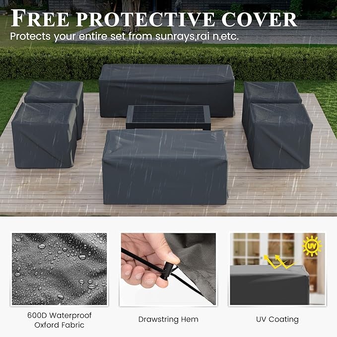 Aluminum Patio Furniture Set, 7 Piece Metal Outdoor Furniture Set, Patio Set with Waterproof Covers for Backyard Garden(Blue&Grey)