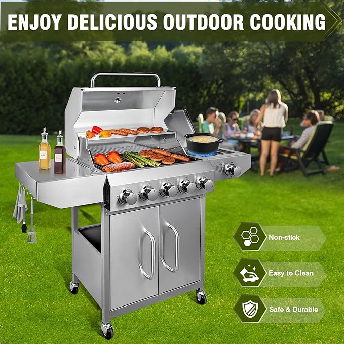 Bestfire 68,000 BTU 5 Burner Propane Gas Grill with Side Burner-Professional-Grade Stainless Steel Outdoor BBQ Grill-647 sq in Cooking Space&Porcelain Cast Iron Grrates-Patio Cart Design for Backyard