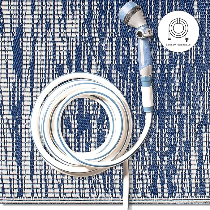 Fab Habitat Outdoor Rug - Waterproof, Fade Resistant, Crease-Free - Premium Recycled Plastic - Distressed Abstract Stripes - Large Patio, Deck, Sunroom, Camping, RV - Brooklyn - Blue - 6 x 9 ft