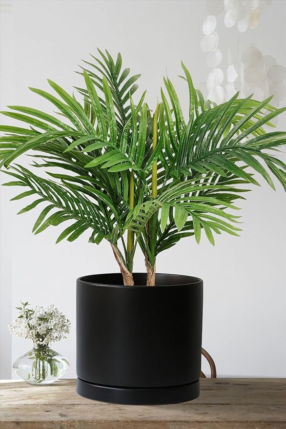 Aveyas 8 inch Ceramic Plant Pot with Drainage Hole and Saucer - Suitable for Indoor and Outdoor Use, Modern Planters for House Garden Flower Tree Snake Monstera Plants (8", Matte Black)