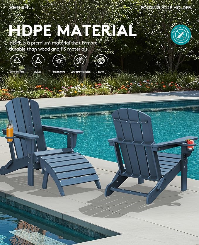 SERWALL Folding Adirondack Chair, Dual Cup Holders & All-Weather HDPE, Wood-Like Patio Chair for Backyard, Camping,Pool & Fire Pit- Navy