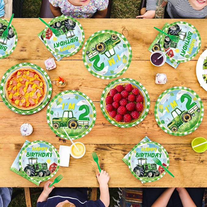 Grencian 96Pcs Tractor Birthday Decorations for Boys Farm Tractor 2nd Birthday Plates and Napkins Tableware Sets Tractor Lawn Party Decorations for Baby Shower Two Years Old Party Supplies Serves 24