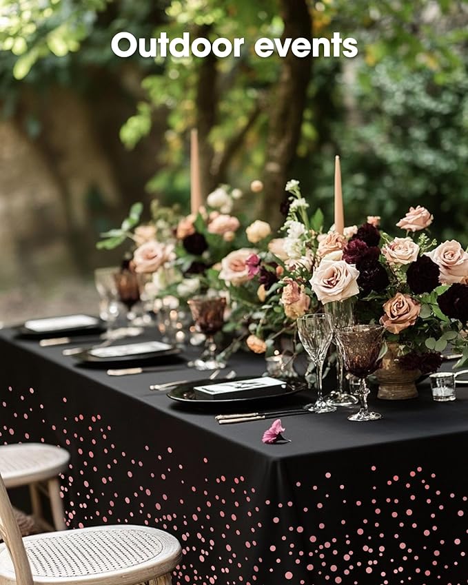 Pureegg Plastic Table Cloth Disposable 8 Pack, 54 x 108 Inch Table Cloths, Graduation Decorations of 2025, Graduation Tablecloths, Rectangle, Plastic Cover, Leakproof & Sturdy, Black and Rose Gold