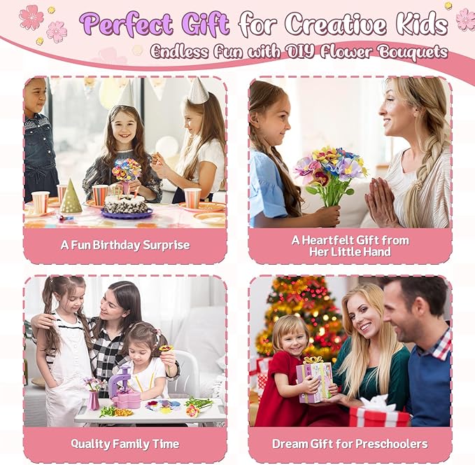 Fabric Flower Bouquets Toys – Mess-Free Flower Crafts for Kids & DIY Arts and Crafts for Child Ages 3 4 5 6 7 8 9+, No Glue Needed, Fun Early Educational STEM Gift for Birthdays, Christmas, Holidays
