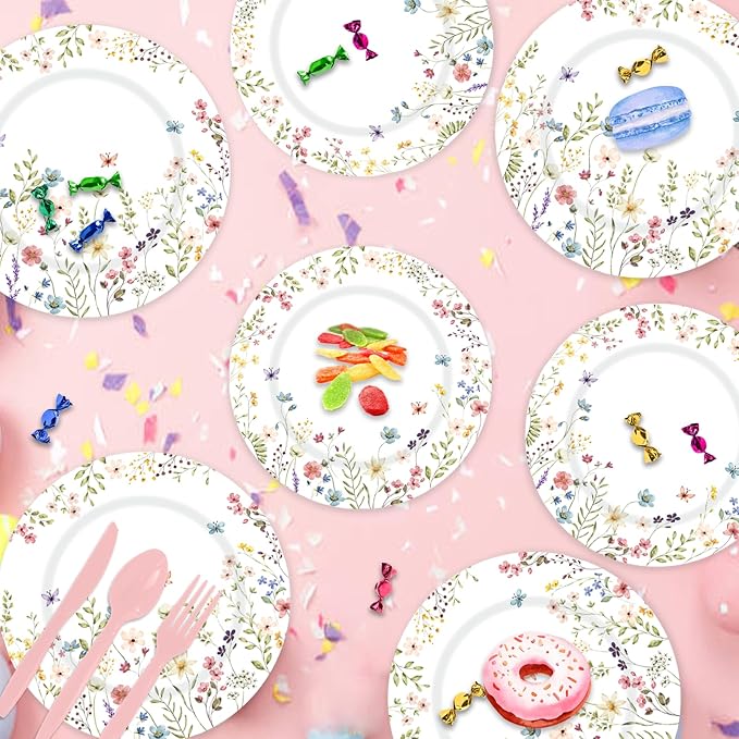 Wildflower Party Supplies Spring Summer Floral Baby Shower Birthday Wedding Bridal Shower Tableware Decorations Paper Plates Cups Napkins Spoons,Knives and Forks Serve 24 Guests