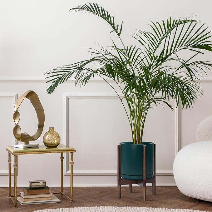 D'vine Dev Ceramic Planter with Walnut Color Stand - 10 Inch Modern Round Flower Pot with Wood Planter Holder, Teal, 55-B-X-4