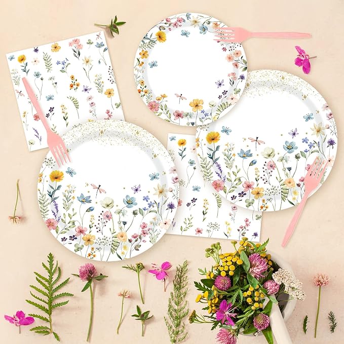 96 Pcs Wildflower Party Supplies Paper Plates and Napkins Disposable Spring Floral Baby Shower Birthday Tableware Decorations for Spring Summer Picnic Wedding Tea Party, Serve 24 Guests