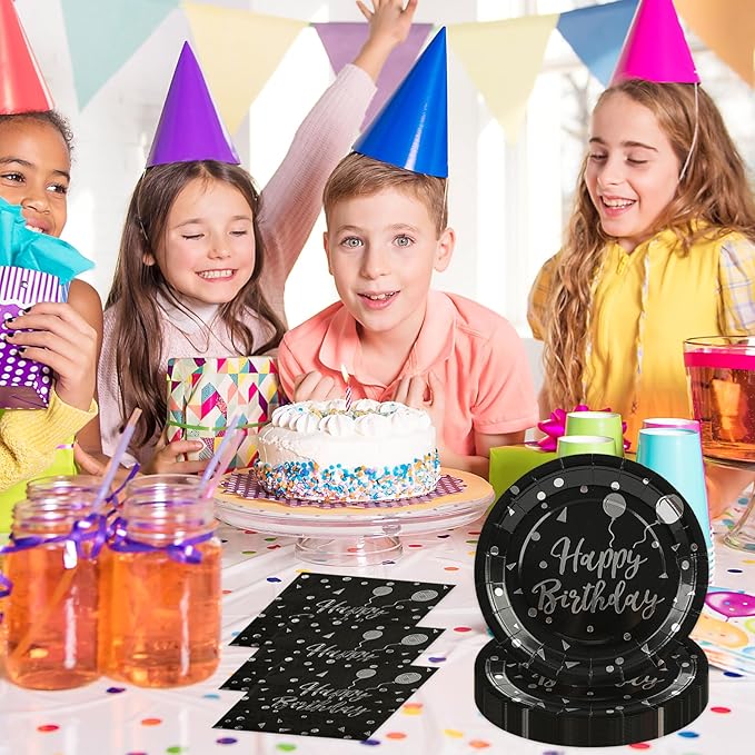 75PCS Happy Birthday Paper Plates - 7 Inch Black Sliver Dot Paper Plates and 6.5 Inch Napkins with 6.3 Inch Sliver Forks Disposable Tableware Set for Birthday Party Decorations, Serve 25