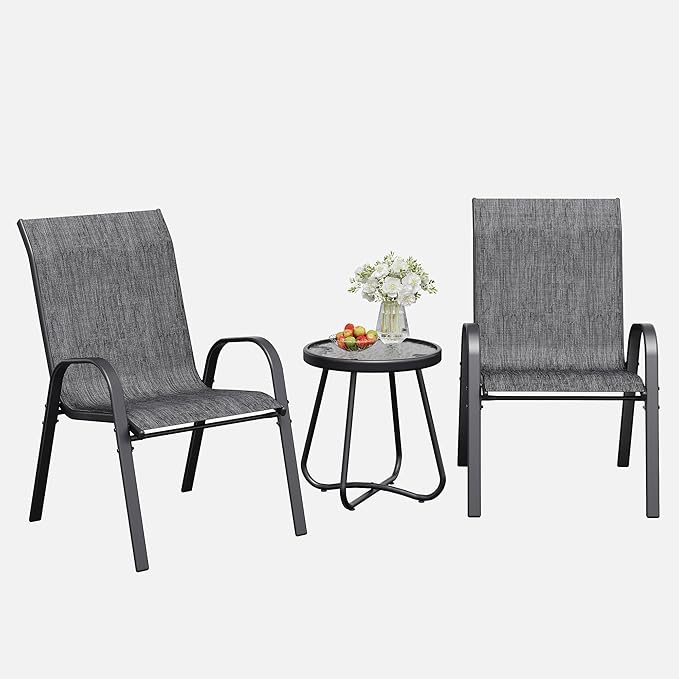Patio Table and Chairs Set - 3 Piece Outdoor Stackable Dinging Chairs for All Weather,Breathable Garden Furniture for Deck Garden Backyard (Dark Grey)