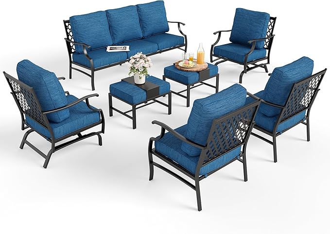 Patio Furniture Set 7 pcs, Outdoor Patio Furniture, 3-Seat Sofa, 2 Single Chairs, 2 Rocking Chairs, 2 Ottomans and 5.75" Extra Thick Cushion, Conversation Set for Deck,Gemstone Blue