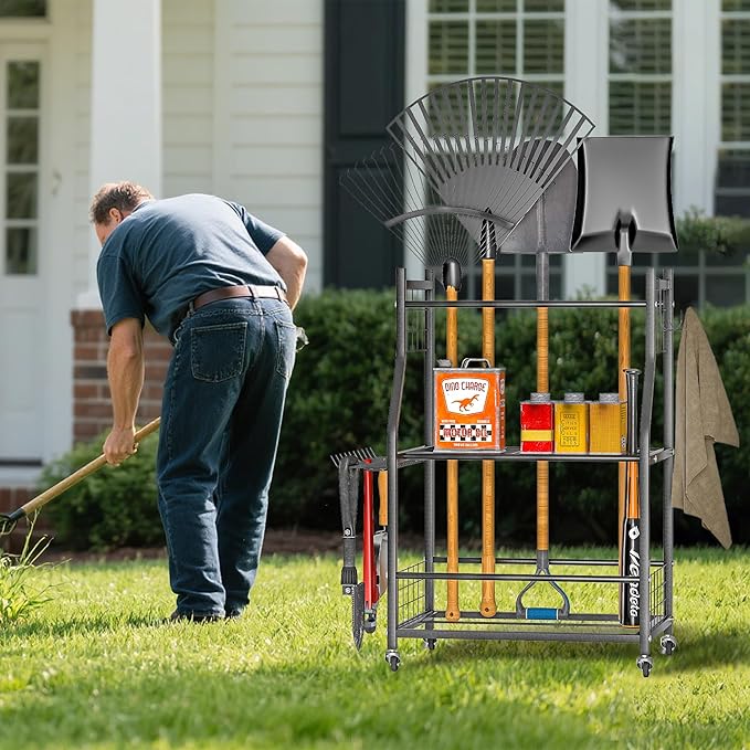 Ultrawall Garden Tool Organizer, Yard Tool Storage Stand for Garage with Lockable Wheels, Shed Tool Storage for Rake, Brooms, Indoor & Outdoor Use