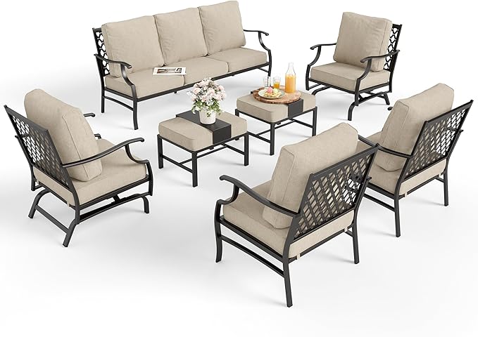 Patio Furniture Set 7 pcs, Outdoor Patio Furniture, 3-Seat Sofa, 2 Single Chairs, 2 Rocking Chairs, 2 Ottomans and 5.75" Extra Thick Cushion, Patio Conversation Set for Backyard Deck,Beige