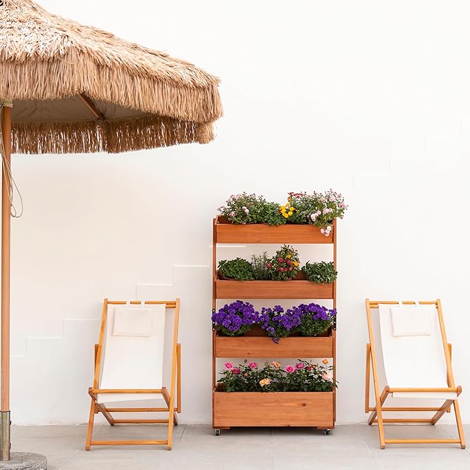 Wooden Elevated Garden Bed, Vertical 4-Storey Wooden Flowerpot Box with Wheels, Adjustable Flowerpot Box, Suitable for Outdoor and Indoor Balconies, Vanilla Garden Gardening Vegetables