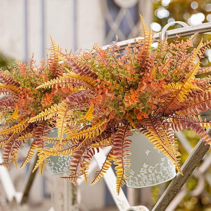 Uieke 6PCS Artificial Fall Flowers Outdoor UV Resistant, 3PCS Fall Fake Plants with 3PCS Autumn Boston Fern Plants Bushes for Outside Garden Front Porch Sidewalk Window Box Fall Décor Orange