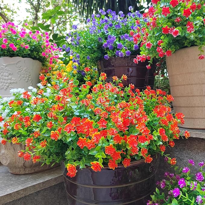 12 Bundles Artificial Flowers for Outdoors, UV Resistant Fake Flowers with Plastic Plants, Faux Flowers for Outside Window Box Front Porch Hanging Planter Decor(Orange Red)