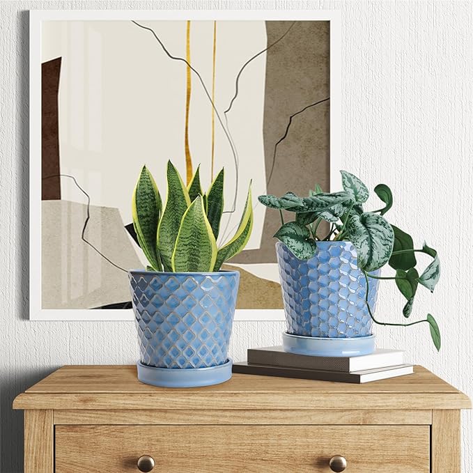Plant Pots, 5 Inch Pots for Indoor Plants, Planters with Drainage Hole and Saucer, Ceramic Flower Pots Desktop Office Windowsill Decoration Gift Set of 4 - Sky Blue