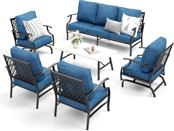 Patio Furniture Set 6 pcs, Outdoor Patio Furniture, 1 X 3-Seat Sofa, 2 X Single Chairs, 2 X Rocker Chairs, 1 X Coffee Table and 5.75" Extra Thick Cushion, Conversation Set,Gemstone Blue