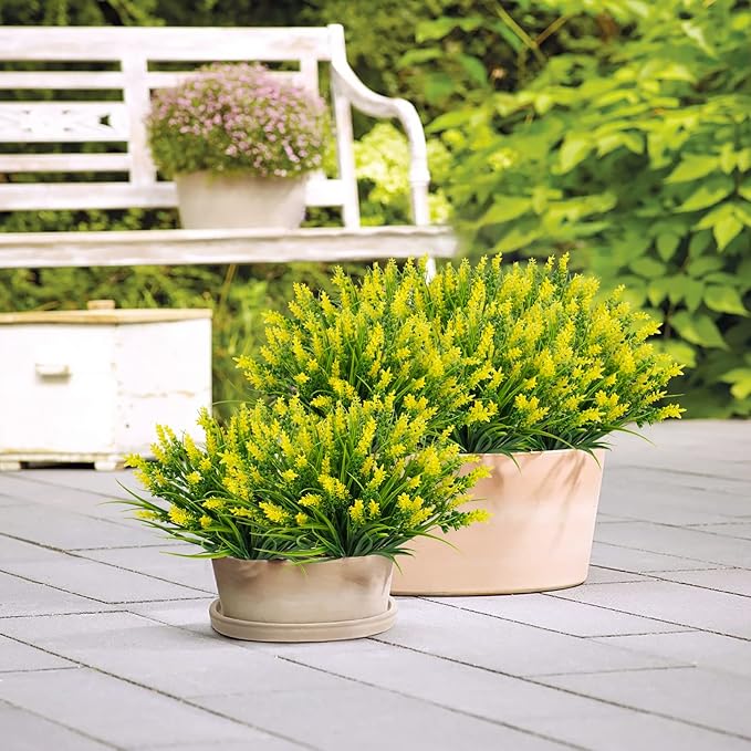 12 Bundles Artificial Plants Outdoor, 18.2" UV Resistant Faux Monkey Grass Greenery Stems No Fade Faux Plastic Flowers Shrubs for Home Weddings Garden Porch Front Patio Office Decor - Yellow